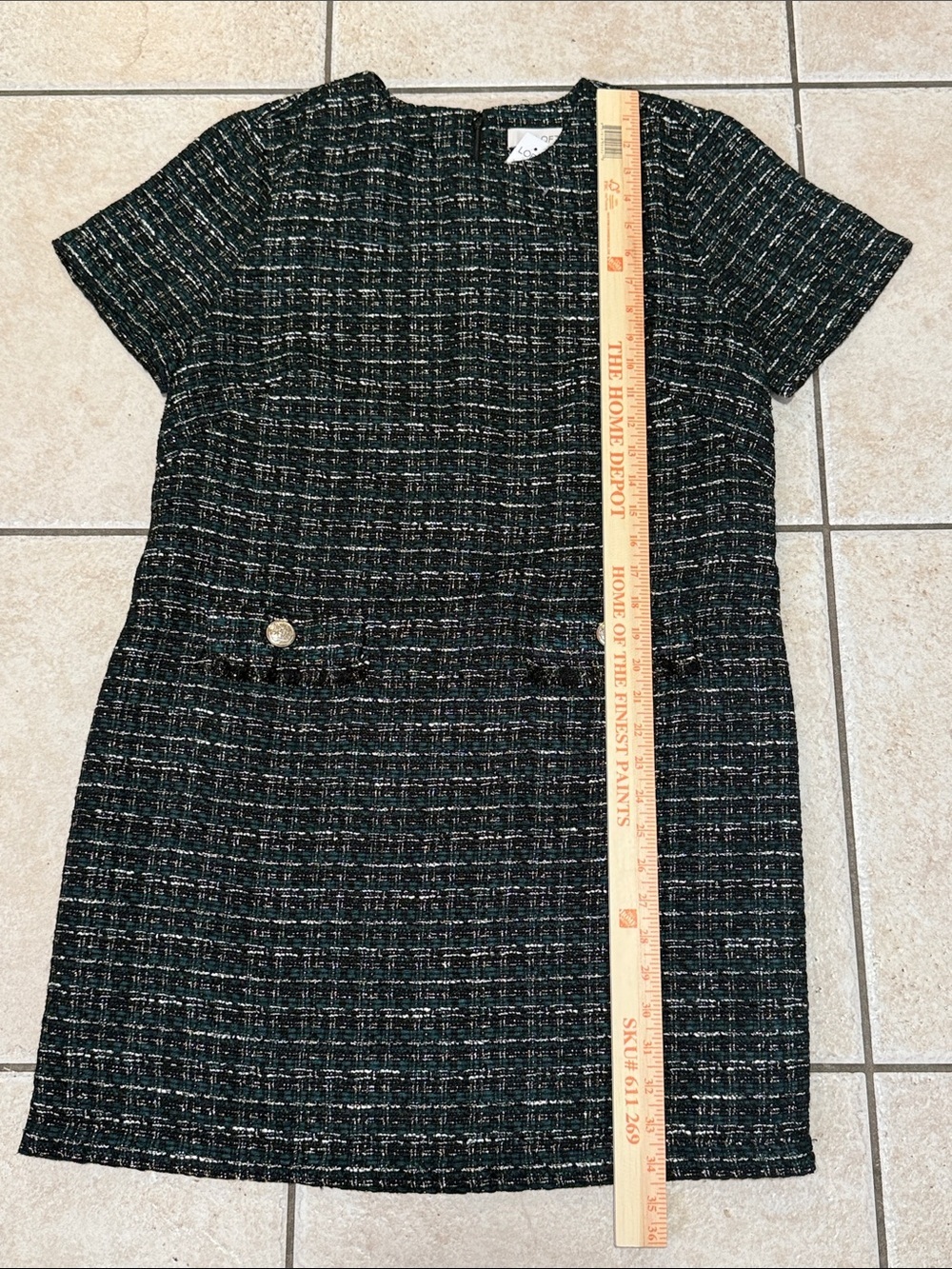 NWT LOFT Black Tweed Short-Sleeve Shift Dress with gold Buttons Sz 10 - Picture 5 of 8